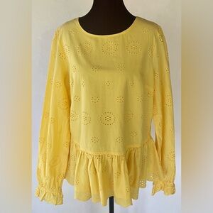 CROWN & IVY Yellow Cotton Long Sleeve Eyelet Peplum Blouse Size M Boho Cottage